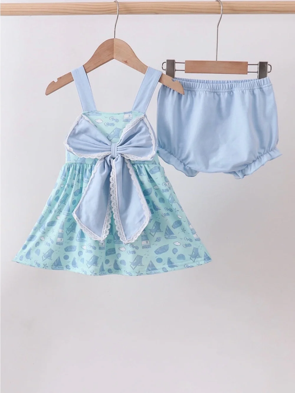 NWT Abby & Evie Girls Light Blue Sailor Bow Dress & Bloomers Set